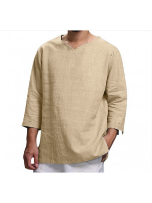 Mens Cotton Linen Long Sleeve T Shirt Henley Pullover Tops Solid Casual Tees UK