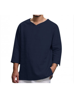 Mens Cotton Linen Long Sleeve T Shirt Henley Pullover Tops Solid Casual Tees UK