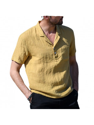 Mens Cotton Linen Pocket Button Up T-Shirt Men Casual Blouse Shirt Solid Tops UK