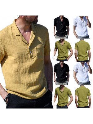 Mens Cotton Linen Pocket Button Up T-Shirt Men Casual Blouse Shirt Solid Tops UK