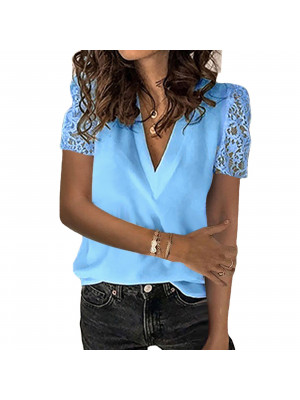 Womens Summer V Neck Tops Blouse Ladies Lace Short Sleeve Tee Loose T Shirt