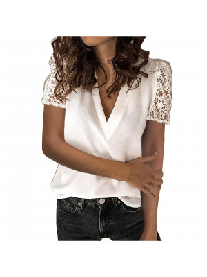 Womens Summer V Neck Tops Blouse Ladies Lace Short Sleeve Tee Loose T Shirt