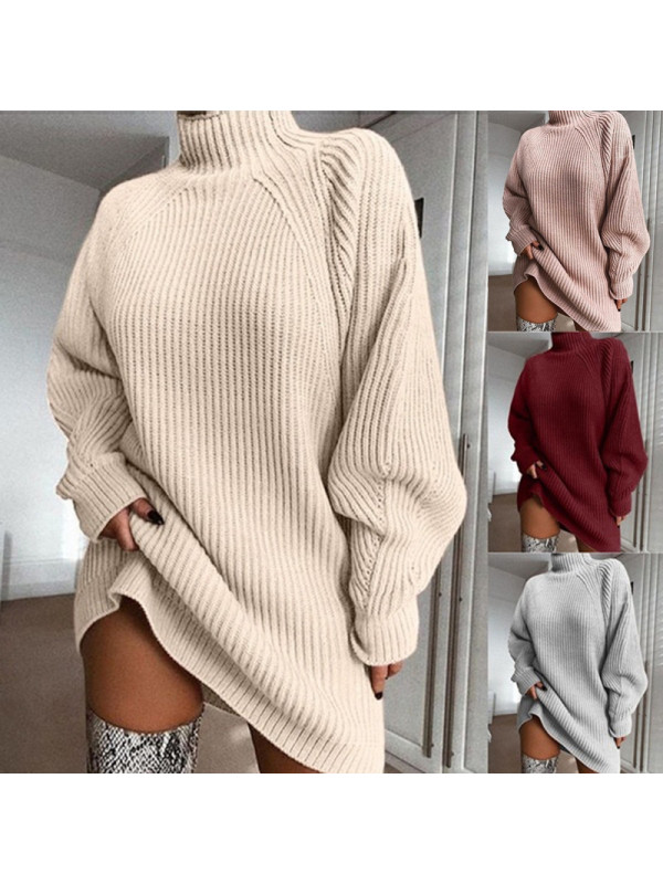 Womens Bodycon Knitted Long Sweater Dress Jumper Winter Pullover High Neck Tops