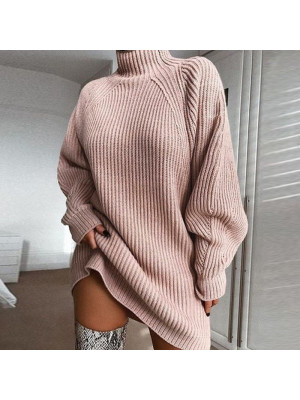 Womens Bodycon Knitted Long Sweater Dress Jumper Winter Pullover High Neck Tops