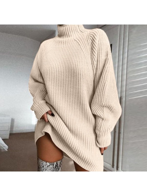 Womens Bodycon Knitted Long Sweater Dress Jumper Winter Pullover High Neck Tops