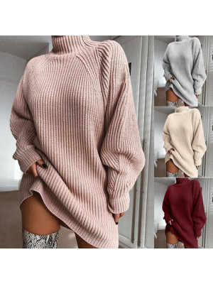 Womens Bodycon Knitted Long Sweater Dress Jumper Winter Pullover High Neck Tops