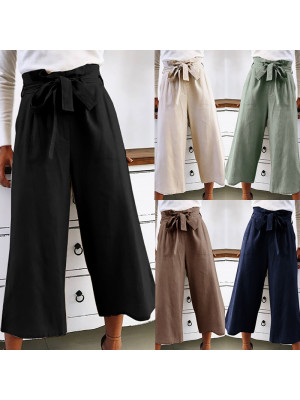 Womens Summer Elastic Waist Casual Loose Trousers Wide Leg Drawstring Pants UK