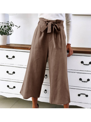 Womens Summer Elastic Waist Casual Loose Trousers Wide Leg Drawstring Pants UK