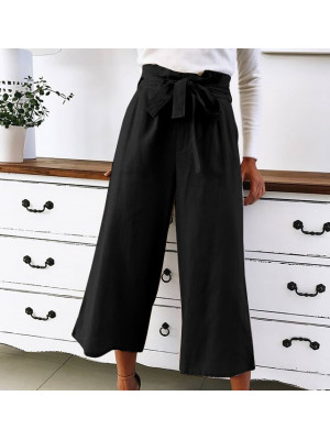 Womens Summer Elastic Waist Casual Loose Trousers Wide Leg Drawstring Pants UK