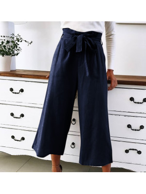 Womens Summer Elastic Waist Casual Loose Trousers Wide Leg Drawstring Pants UK