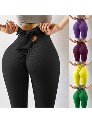 Womens Bow Knot Back Yoga Pants Leggings Push Up Scrunch Bum Fitness Gym Legging