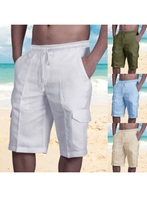 UK Mens Cotton Linen Shorts Elastic Waist Drawstring Summer Loose Casual Pants