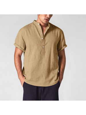 UK Mens Cotton Linen Short Sleeve T-shirt Casual Loose V Neck Button Tops Tunic