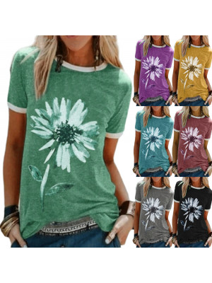 Womens Casual Loose Tops Ladies Round Neck Short Sleeve Floral T Shirts Blouse