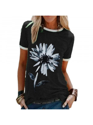 Womens Casual Loose Tops Ladies Round Neck Short Sleeve Floral T Shirts Blouse