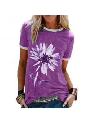 Womens Casual Loose Tops Ladies Round Neck Short Sleeve Floral T Shirts Blouse