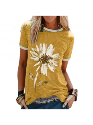 Womens Casual Loose Tops Ladies Round Neck Short Sleeve Floral T Shirts Blouse