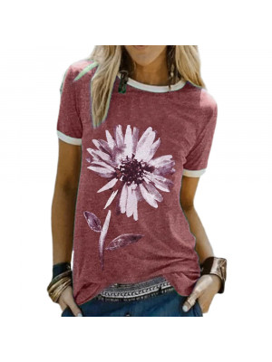 Womens Casual Loose Tops Ladies Round Neck Short Sleeve Floral T Shirts Blouse