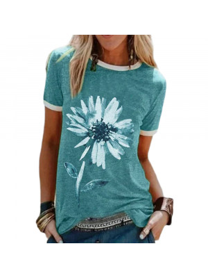 Womens Casual Loose Tops Ladies Round Neck Short Sleeve Floral T Shirts Blouse