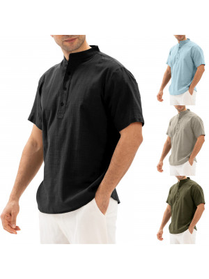 UK Mens Cotton Linen Short Sleeve T-shirt Casual Loose V Neck  Button Tops Tunic