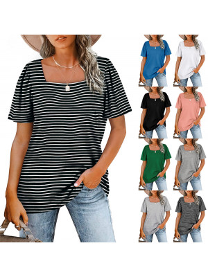 Womens Short Sleevel Loose Square Neck Stripe T Shirt Ladies Summer Blouse Tops