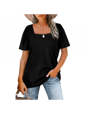 Womens Short Sleevel Loose Square Neck Stripe T Shirt Ladies Summer Blouse Tops