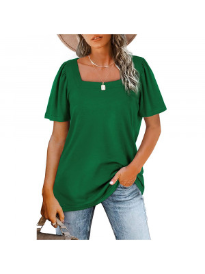 Womens Short Sleevel Loose Square Neck Stripe T Shirt Ladies Summer Blouse Tops