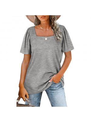 Womens Short Sleevel Loose Square Neck Stripe T Shirt Ladies Summer Blouse Tops