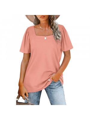 Womens Short Sleevel Loose Square Neck Stripe T Shirt Ladies Summer Blouse Tops