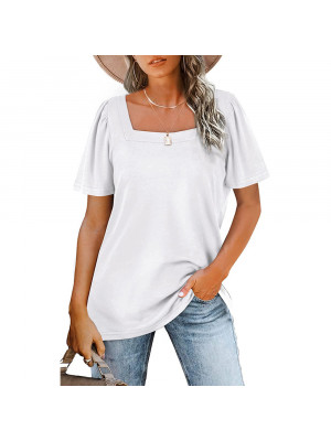 Womens Short Sleevel Loose Square Neck Stripe T Shirt Ladies Summer Blouse Tops