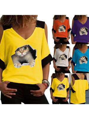 Womens Cute Cat Print Tops Casual Ladies Blouse Short Sleeve Loose T Shirt Tee