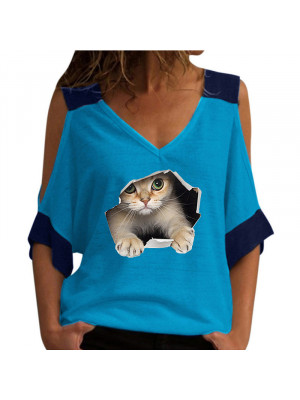 Womens Cute Cat Print Tops Casual Ladies Blouse Short Sleeve Loose T Shirt Tee