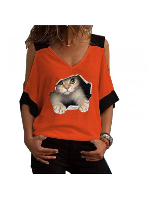 Womens Cute Cat Print Tops Casual Ladies Blouse Short Sleeve Loose T Shirt Tee