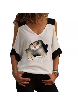 Womens Cute Cat Print Tops Casual Ladies Blouse Short Sleeve Loose T Shirt Tee