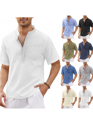 Mens Linen Style Short Sleeve Solid Shirts Casual Fit Formal Dress Top Tee Shirt