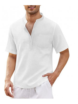 Mens Linen Style Short Sleeve Solid Shirts Casual Fit Formal Dress Top Tee Shirt