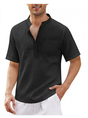 Mens Linen Style Short Sleeve Solid Shirts Casual Fit Formal Dress Top Tee Shirt