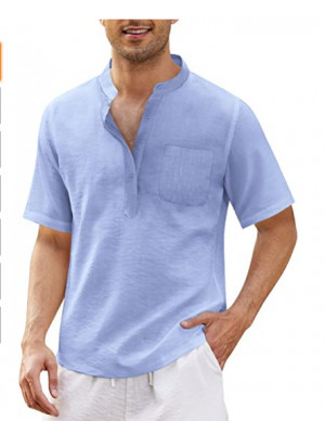 Mens Linen Style Short Sleeve Solid Shirts Casual Fit Formal Dress Top Tee Shirt