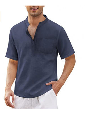 Mens Linen Style Short Sleeve Solid Shirts Casual Fit Formal Dress Top Tee Shirt