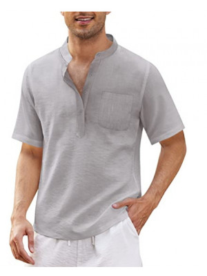 Mens Linen Style Short Sleeve Solid Shirts Casual Fit Formal Dress Top Tee Shirt