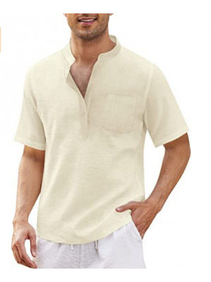 Mens Linen Style Short Sleeve Solid Shirts Casual Fit Formal Dress Top Tee Shirt