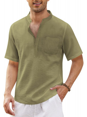 Mens Linen Style Short Sleeve Solid Shirts Casual Fit Formal Dress Top Tee Shirt