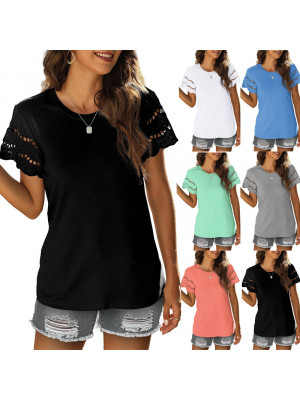 Womens Lace Short Sleeve Tops Blouse Ladies Casual Round Neck Tee T-Shirt Summer