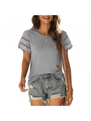 Womens Lace Short Sleeve Tops Blouse Ladies Casual Round Neck Tee T-Shirt Summer