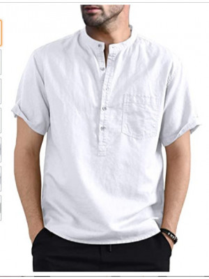 UK Mens Cotton Linen Short Sleeve T-shirt Casual Loose V Neck Pocket Button Tops