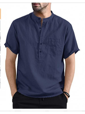 UK Mens Cotton Linen Short Sleeve T-shirt Casual Loose V Neck Pocket Button Tops