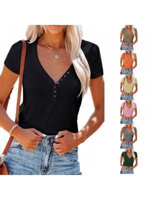 Womens V Neck Button T Shirt Ladies Tee Tops Short Sleeve Solid Pullover Blouses