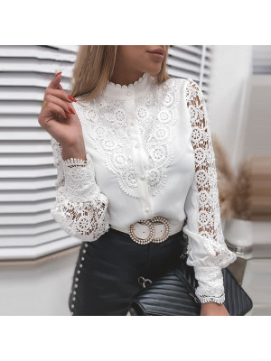 Womens Lace Long Sleeve Blouse Office Ladies Work Button Down Shirt Casual Tops