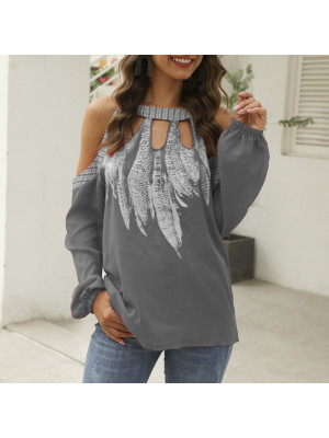 Womens Printing Off The Shoulder Long Sleeve T Shirt Casual Ladies Loose Tops