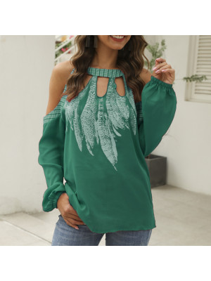 Womens Printing Off The Shoulder Long Sleeve T Shirt Casual Ladies Loose Tops